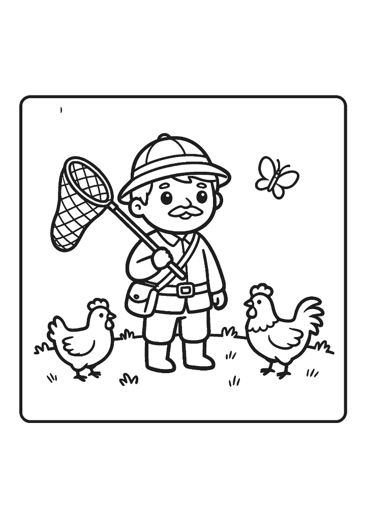 Desenho do caçador e as galinhas, do Pequeno Príncipe, para colorir, em branco
